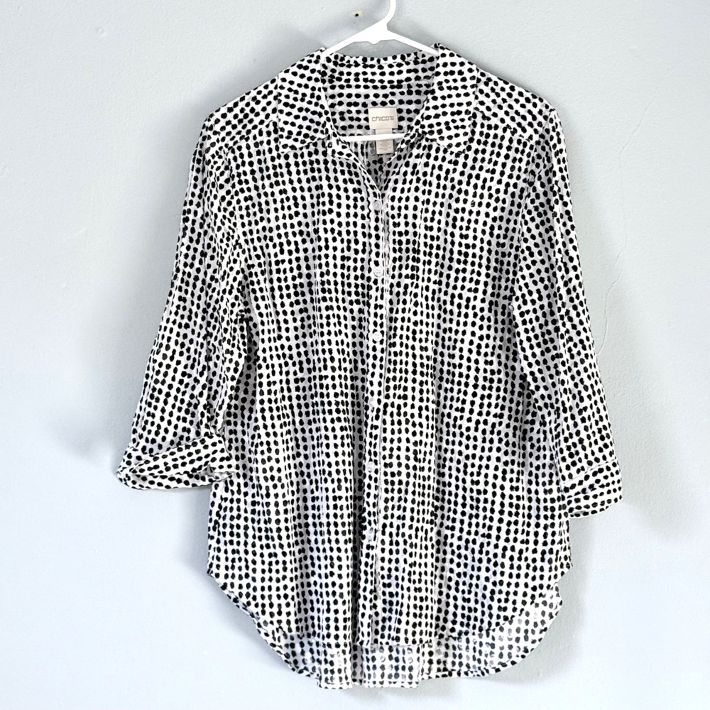 Chicos Top 2 Large Black White Dot Button Up Shirt Chicos Textured 3/4 Sleeve